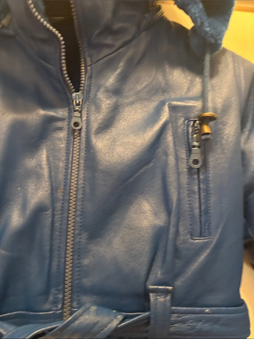 Wilda Royal Blue Genuine Leather Hooded Bomber style Coat with Belt